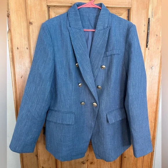 Unbranded Nubby Tweed Slate Blue Blazer With Gold Buttons Very Chic!! Sz XL - Picture 3 of 15